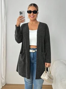 SHEIN PETITE CURVE Dual Pocket Open Front Coat Without Cami Top,Ladies Winter Casual Pocket Regular Sleeve Loose Black Plain Women Coats,Casual Daily Wear Fall Autumn - Dark Grey - View 6