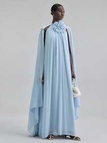 Ontre 2026春夏新款吊带喇叭连衣裙，饰有串珠，休闲都市商务度假海滩音乐节穿搭，优雅波西米亚风派对礼服，女士 - 藍色 - 查看 5