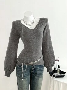 Elamini 女士休闲V领灯笼袖时尚毛衣