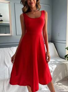 RueChic Plus Elegant Solid U-Neck Sleeveless A-Line Dress - Red - View 6