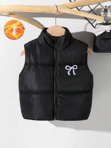 1 件女童秋季时尚宽松高领拉链蝴蝶刺绣无袖休闲运动百搭背心 - 黑色 - 查看 6