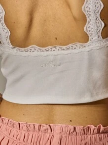 Aralina Sleepwear Fall Winter Cute Top Y2K Stockholm Style Basic Ribbed Low Back Lace Trim Cami - Beige - View 5