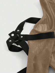 ROMWE Grunge Punk Punk Rivet Mesh Cutout Shoulder Women T-Shirt, Music Festival, Summer - Brown - View 5