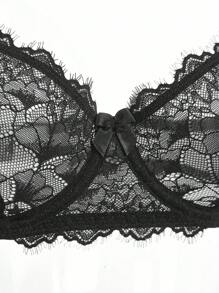 SHEIN Bộ đồ lót gợi cảm 5 món dành cho nữ: Áo ren phối dây có thể tháo rời + Quần lọt khe + Chân váy dài + 2 băng tay - màu đen - Xem 7