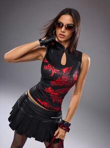 Shutterstock Y2Kool Canotta aderente da donna con stampa di drago, stile cinese nuovo, elementi orientali, floreale, sexy, casual, adatta per estate, autunno, vacanze, raduni, feste, uso quotidiano