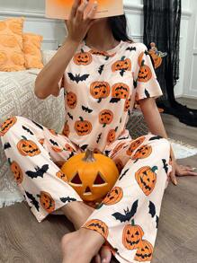 SHEIN CoupledUp 万圣节卡通南瓜和蝙蝠印花针织短袖睡衣套装 - 彩色 - 查看 1