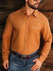 Manfinity Nomadique 男士撞色单排扣长袖休闲橙色衬衫男士西部衬衫焦橙色男士衬衫牛仔衬衫纽扣式西部衬衫 - 卡其色 - 查看 5