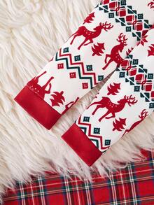 SHEIN 1 zestaw piżamy dla chłopców Merry Christmas, dopasowane, z długim rękawem i spodniami z geometrycznym nadrukiem renifera i płatka śniegu, bielizna nocna