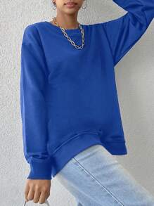 RueChic Solid Drop Shoulder Sweatshirt - Royal Blue - View 3