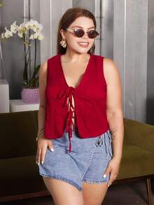 Lupita Cardoza 休闲假期西部海滩婚礼宾客服装毕业早午餐女士服装圣帕特里克节春假复活节音乐节优雅波西米亚热带纹理蝴蝶结挂脖红色吊带背心 - 酒紅色 - 查看 5