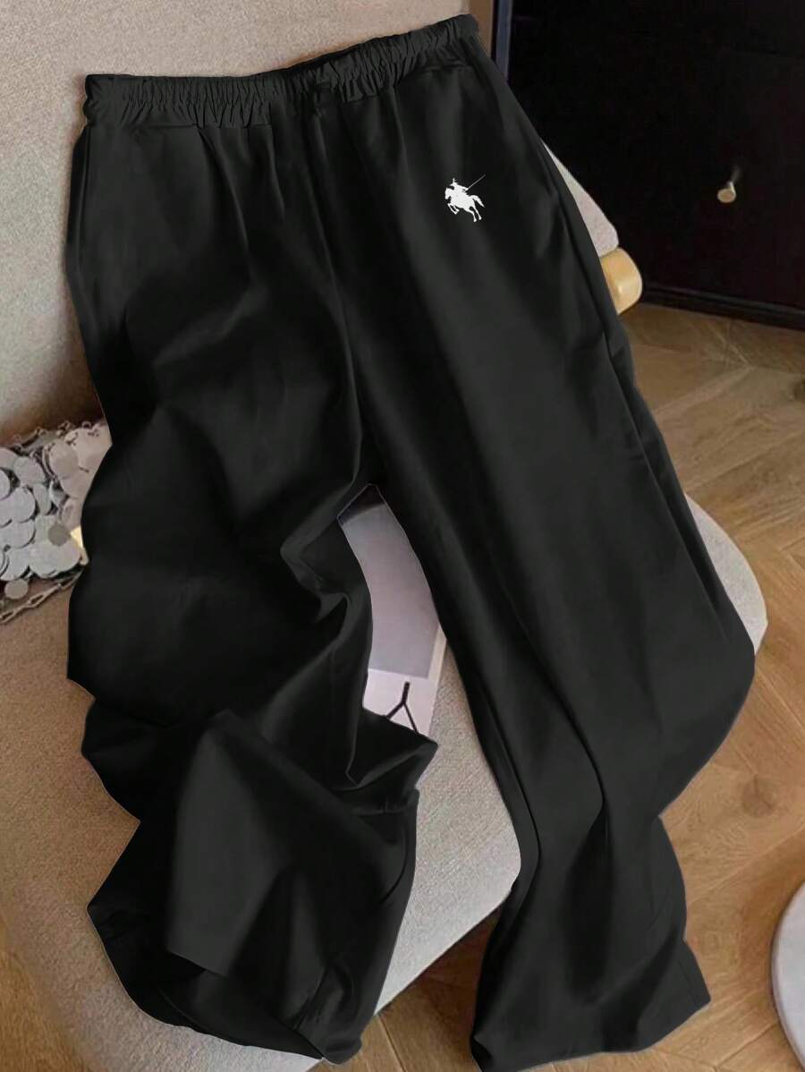 SHEIN EZwear 女士休闲宽松小马图案长裤，适合夏季度假 - 黑色 - 查看 1