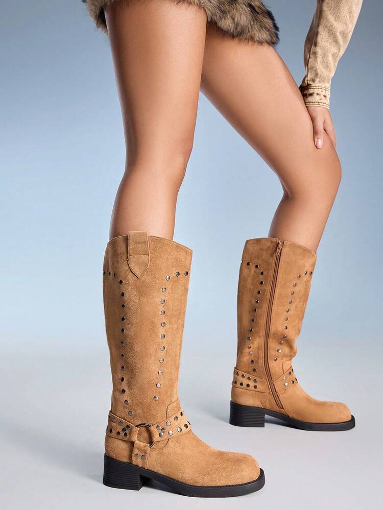 CUCCOO GRLICON Women's Thick Sole Square Toe Fashion High Boots, Velvet Material With Rivet Decor, Suitable For Halloween, Christmas, Party, Music Festival, Autumn