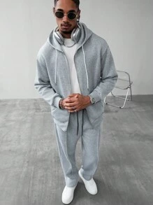 Manfinity Homme Bộ quần dài có dây rút phía trước, đơn giản, màu trơn, thoải mái khi đi làm hàng ngày dành cho nam, quần áo thu đông - Xám - Xem 7