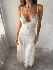 Aloruh 女士婚礼季性感优雅深 V 褶皱胸围刺绣修身腰部浪漫刺绣长裙蜜月装女士婚礼宾客礼服海岛度假装 - 杏色 - 查看 6