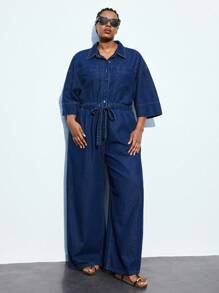 Maija Plusstorlek Mörkblå Denimoveraller Skjorta Jumpsuit 3/4 Ärmar Bekväm Resår i Midjan Gammaldags Stil Fritidskläder Höstkläder Damkläder Utekvällskläder Höstkläder - Mörktvätt - Visa 7