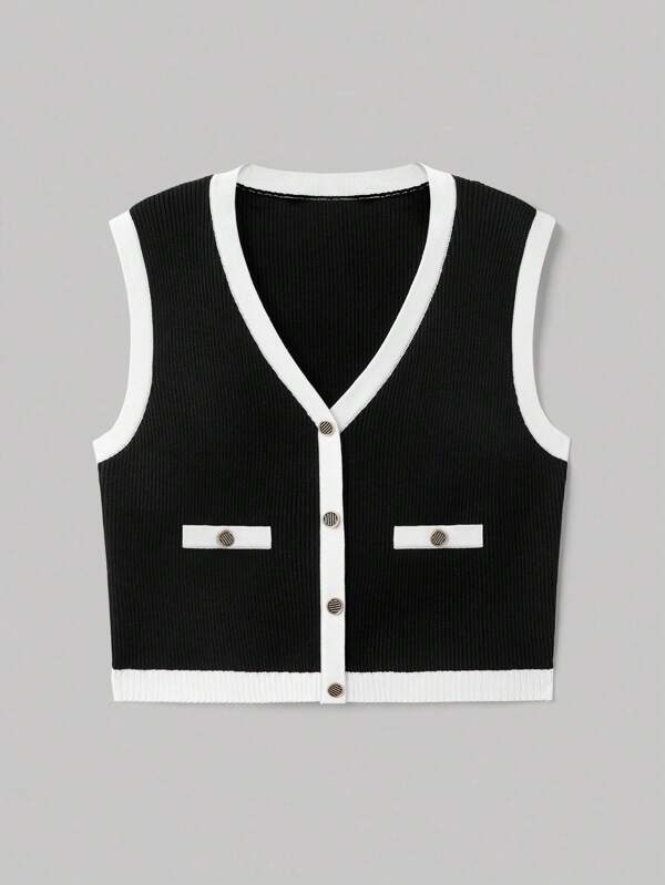 SHEIN MOD Plus Size Women's Black & White Contrast Color Cropped Knit Top