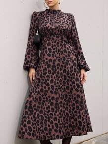 Aveloria Modichic Vintage Leopard Print Ruched Front Waist Cinched Long Sleeve Dress Fall Cloth For Women - Multicolor - View 5