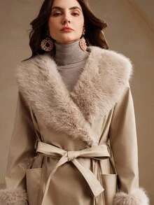 Anewsta Navy Blue Faux Leather Oversized Collar Women's Leather Jacket With Fox Fur Cuffs, Long Coat, Suitable For Autumn, Fall, Winter, Going Out, Elegant, Formal, Chic, New Year, Christmas, Work, Graduation