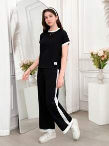少女休闲百搭百搭日常居家度假黑白撞色边宽肩无袖圆领T恤+阔腿梭织裤套装