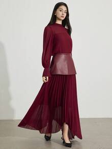 Heiryn Women's Elegant Commuter Shirt & Pleated Skirt 2 Pieces Set - Burgundy - View 5