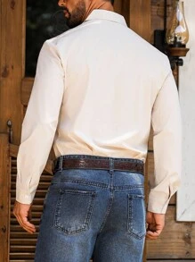 Manfinity Nomadique 男士公牛印花长袖单排扣休闲商务衬衫男士西部衬衫奶油色衬衫男士纽扣式西部衬衫，秋季 - 卡其色 - 查看 3