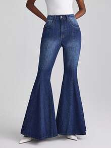 SHEIN Frenchy Quần jeans ống loe thời trang dành cho người đi làm - Rửa tối - Xem 1