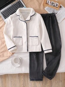 2 件套青少年男孩简约格子开衫，撞色领子和口袋，搭配灰色裤子，休闲家居服 - 白色 - 查看 1