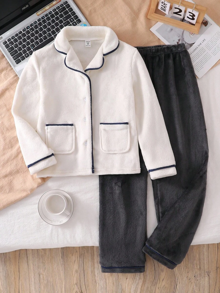 2 件套青少年男孩简约格子开衫，撞色领子和口袋，搭配灰色裤子，休闲家居服 - 白色 - 查看 1