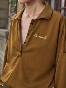 Lumivelle Contrast Color Embroidered Ribbed Collar Half-Open Hem Loose Drop Shoulder Sweatshirt For WomenWomen's Autumn Clothingautumn Fall Clothes For Women Fall Autumn Clothes Fall Outfits For Women Autumn Outfits For Women Fall Clothes Autumn Women  Fall Women Clothes Autumn Clothing Elegant Fashionable Casual Commuting Business Office Daily Leisure All-Match Temperament Urban Teacher Professional Attire