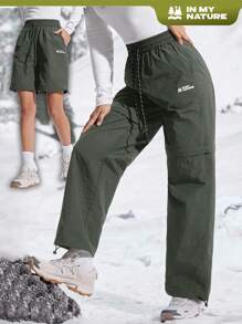 In My Nature Pantalones holgados para senderismo con estampado de letras y cordón en la cintura para mujeres