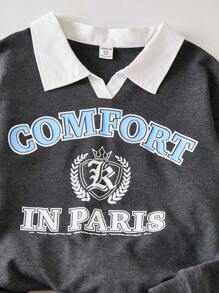 Sparklyn Tween 女童条纹格子拼色字母印花两件套：长袖运动衫和褶皱迷你裙，适合学校、通勤的休闲装，适合返校季穿着 - 深灰色 - 查看 6