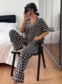 SHEIN 女士复古格子印花撞色边短袖和裤子睡衣套装，适合夏季和秋季 - 黑色 - 查看 6