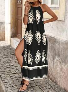 Brillora Vestido de verano casual con escote halter, flecos y abertura alta en la espalda