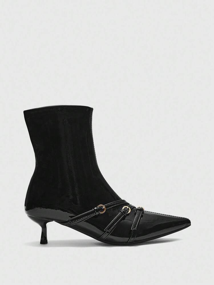 CUCCOO BIZCHIC 2026 New Women's Black Patent Leather Pointed Toe Ankle Boots, Low Heel Short Ankle Boots, Tight Fit Boots With Buckle Strap, Fashion Plus Size