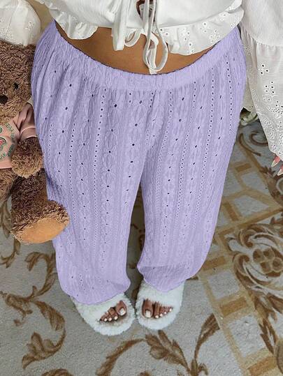 Vibekara Pantalones de salón de talla grande, cómodos y casuales, de unicolor, con bordado hueco y cintura elástica