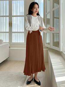 DAZY Chân váy xếp ly màu trơn thanh lịch dành cho nữ, phù hợp để đi làm. - màu nâu - Xem 3