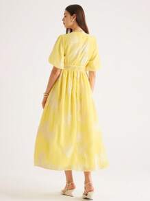 EMERY ROSE New Elegant Apricot Embroidered V-Neck Short Sleeve Dress, Spring/Summer - Yellow - View 2