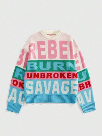 Street Life Men's Autumn Letter Jacquard Crew Neck Loose Casual Sweater