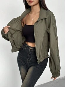 Feyla 女式短款休闲实用绿色夹克，秋冬防晒 - 綠色 - 查看 7