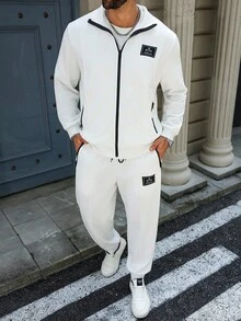 Manfinity Homme Conjunto de chándal informal de talla grande para hombres con sudadera con cremallera y parche de letras, y pantalones, ropa de otoño - Blanco - Ver 4