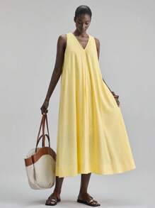 Ontre 女士无袖V领宽松连衣裙，休闲海滩度假装，波西米亚海岛度假风连衣裙，适合音乐节、万圣节、圣诞节、派对等场合，优雅连衣裙 - 黃色 - 查看 2