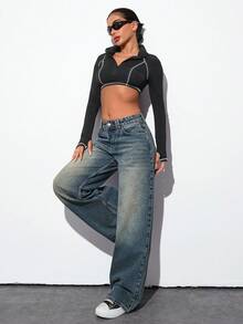 WOMEN WIDE LEG LOW WAIST DENIM JEANS Baggy Jeans Y2k Oversized Jeans Low Rise Jeans Loose Jeans Wide Leg Jeans Y2k Jeans Low Rise Jeans Y2k - Medium Wash - View 5