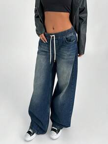 EURMUSE HIGH WAIST BAGGY VINTAGE WASH Y2K STYLE JEAN - Dark Wash - View 3