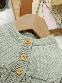 SHEIN 2pcs Newborn Baby Green Sweater Set: Round Neck Long Sleeve Cardigan With Pockets + Striped Suspender Romper Fall Winter