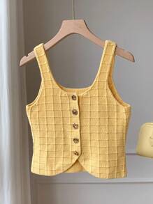 Comfortcana Autumn New Cream Yellow Metallic Button Square Collar Sweater Vest - Yellow - View 4