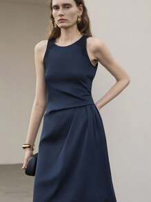 Uhlyne Uhlyne Women's Autumn New Minimalist Dignified Elegant Party Wedding Birthday Dress, Lace Patchwork Round Neck Sleeveless Flared Asymmetric Dress, Navy Blue - Navy Blue - View 8