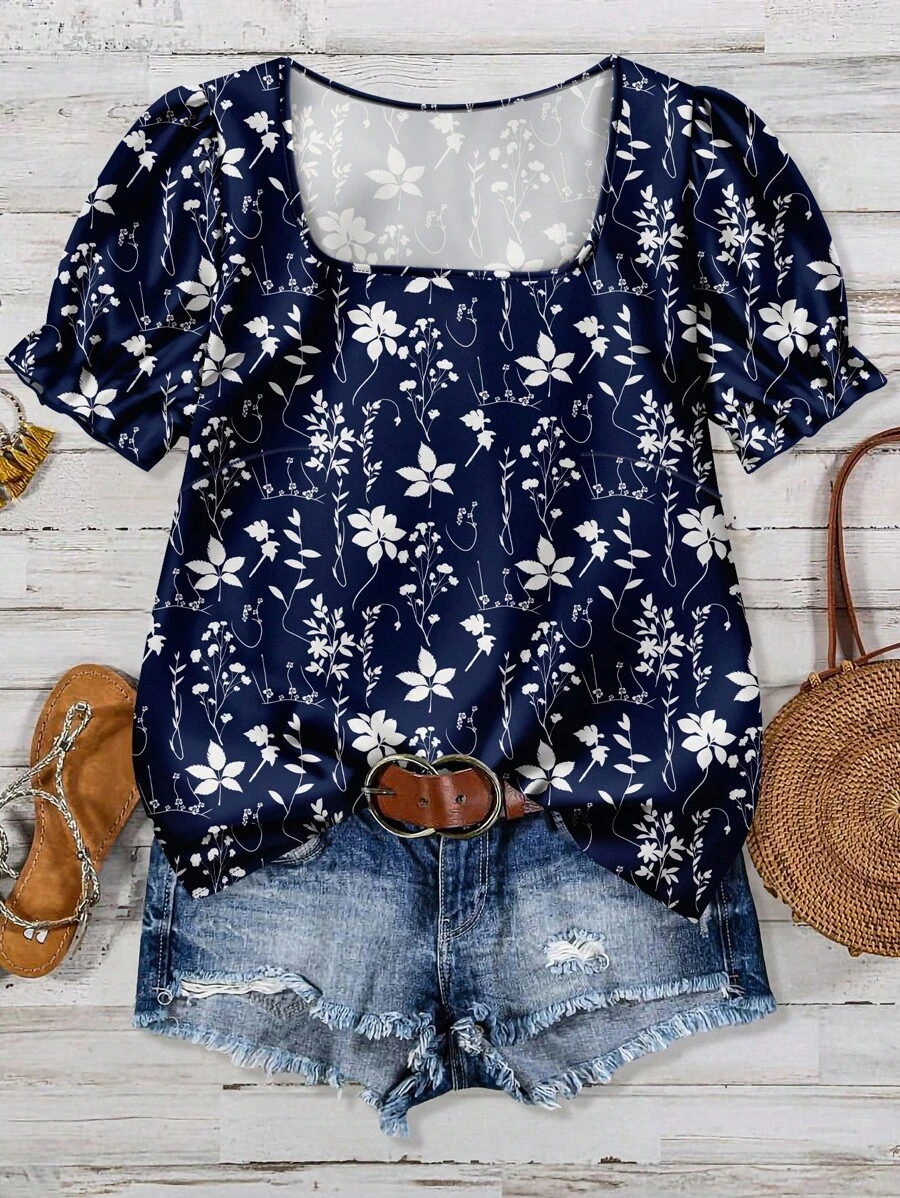 SHEIN LUNE 女士休闲方领花卉图案衬衫，适合春夏季度假 - 彩色 - 查看 1