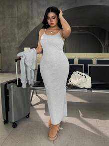 SHEIN EZwear 2 件套纯色落肩拉链连帽衫和吊带裙休闲大码套装 - 灰色 - 查看 10