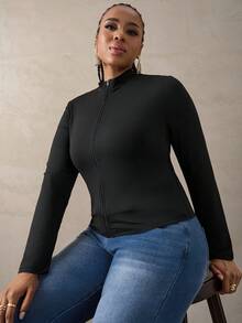 SHEIN Tall CURVE 大码女式休闲弹力半拉链 V 领紧身长袖 T 恤，秋冬基本款 - 黑色 - 查看 3