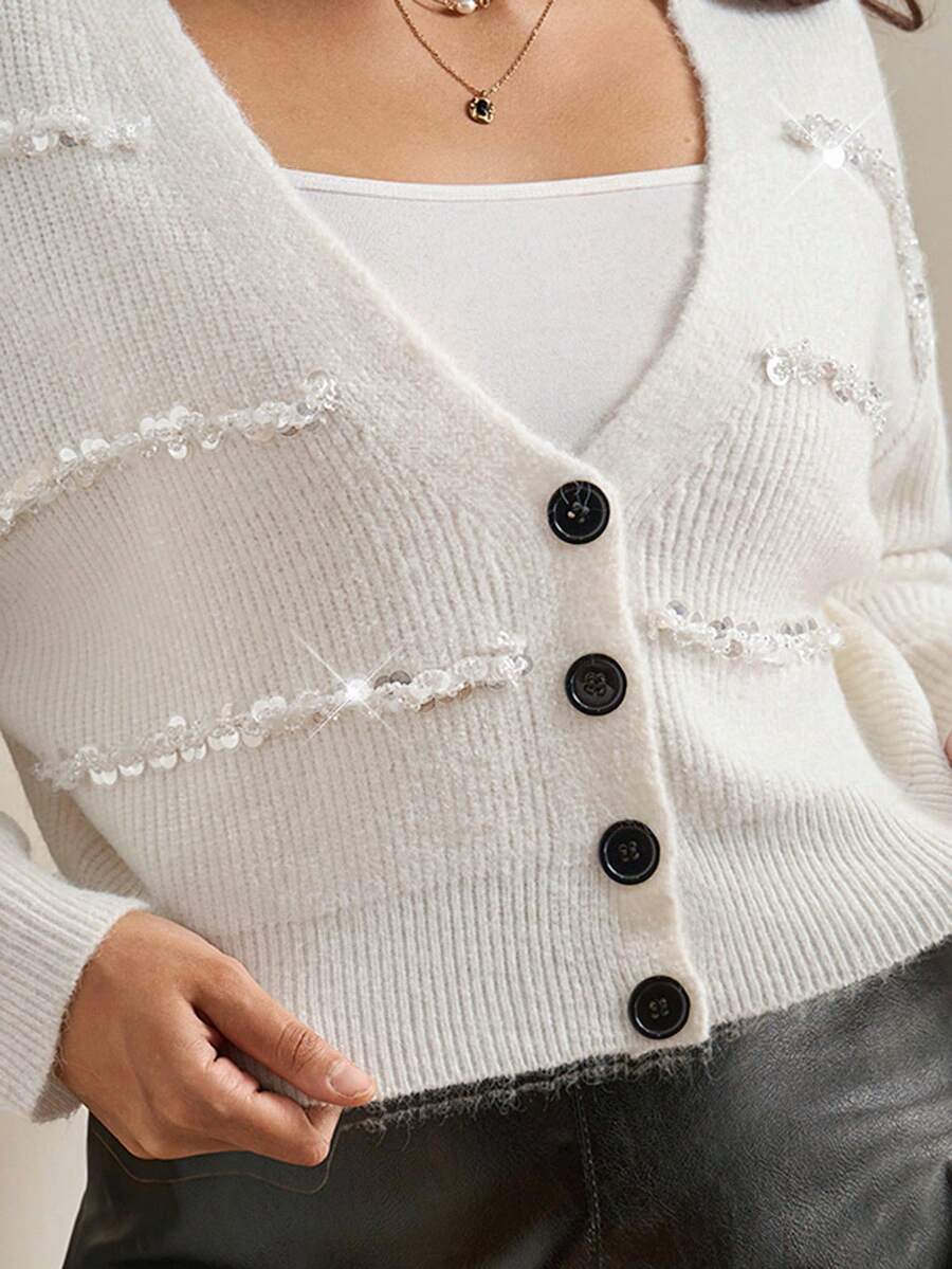SHEIN Clasi Mujer talla grande Elegante y casual Cardigan de manga larga con botones Cardigan blanco Mujer Cardigan con lentejuelas Mujer Cardigan Falda Conjunto de falda y cardigan Faldas para mujer Ropa de otoño para talla grande Ropa de otoño para mujer Abrigos de invierno para mujer Abrigo de invierno